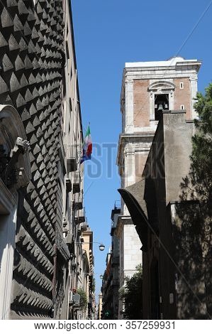 Bell Tower Of The Church Of Santa Chiara In Spaccanapoli Street, In The Historic Center Of Naples