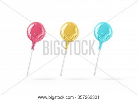 Blank Three Lollipop With Colored Wrapper Mockup, No Gravity, 3d Rendering. Empty Strawberry And Lem
