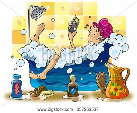 Man Making Selfie In Bath With Foam Bubbles