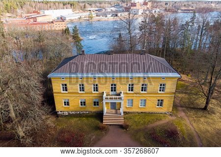 Kouvola, Finland - 19 March 2020: Aerial View Of Beautiful Yellow Old Building Of Abandoned Anjala M