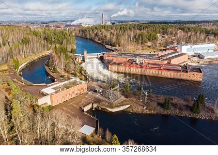 Aerial View Of Hydroelectric Power Generation Plant And Ankkapurha Industrial Museum At Kymijoki Riv