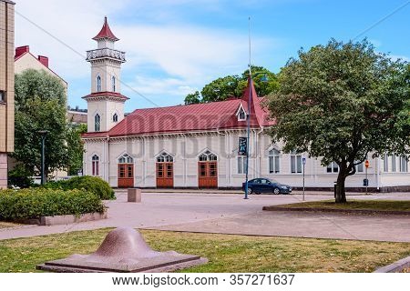 Kotka Town, Finland - August 4, 2018: Historic City Centre. Old Fire-tower In The City Of Kotka