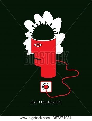Vector Flat Illustration With A Human Head Plugged Into An Electrical Outlet And A Covid-19 Virion I