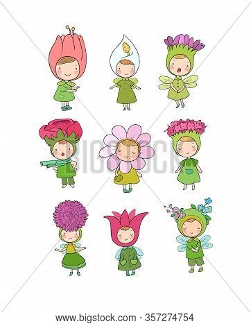 Cute Cartoon Flower Fairies. Forest Gnomes. Fairytale Creatures. Funny Kids
