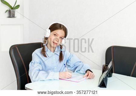 Young Girl Learn By Tablet At Home. Distance Learning In Quarantine. Isolation