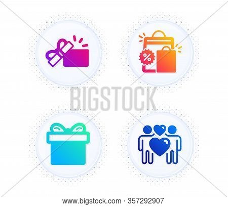 Opened Gift, Shopping Bags And Gift Box Icons Simple Set. Button With Halftone Dots. Love Couple Sig