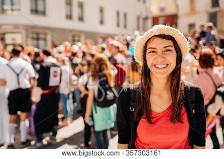 Cheerful Tourist Visiting To The Public Celebration,attending Carnival.carnival Season.crowd In Cost