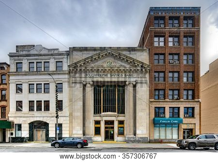 Poughkeepsie, New York - Feb 16, 2020: The Poughkeepsie Savings Bank Building Is Located At 21-23 Ma