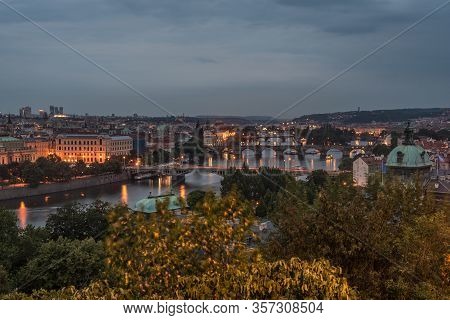 Night View Of Prague City Houses, Briges  And Lights