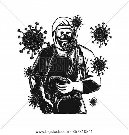 Scratchboard Style Illustration Of An Emt,emergency Medical Technician, Firefighter, Paramedic, Rese