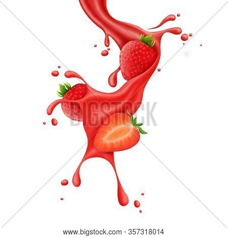 Strawberry Slice Juice Splash Realistic Illustration Berry Fruit Liquid, Summer Tropical Vacation Dr