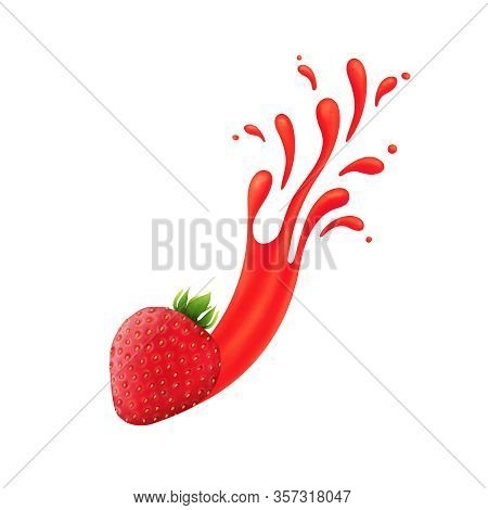 Strawberry With Juice Splash Realistic Illustration Berry Fruit Liquid, Summer Tropical Vacation Dri