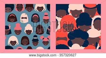 Set Of Two Seamless Patterns With Black Women Of Different Nationalities. Indian, Native American, A