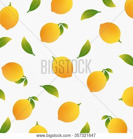 Fresh Lemon Fruit Cut In Half With Leaves, Pattern Illustration Isolated On White Background.