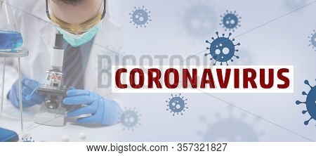man scientist with mask doing a research with mircoscope, and coronavirus with virus illustration and copy space. Covid-19 global pandemic influenza concept.