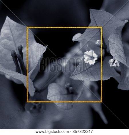 Premium Wedding Invitation Template Of Bougainvillea Flower With Golden Yellow Frame. Wedding Invita