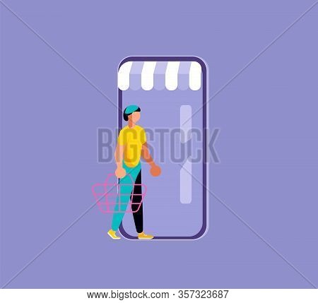 Concept Of Online Shopping, Mobile E-commerce Store. Man Going To Digital Shop For Buying Products. 