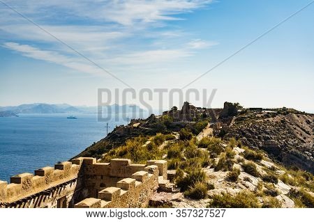 Tourist Attraction. The Gun Battery Of Castillitos In Spain Cartagena, Stone Castle Fortifications.
