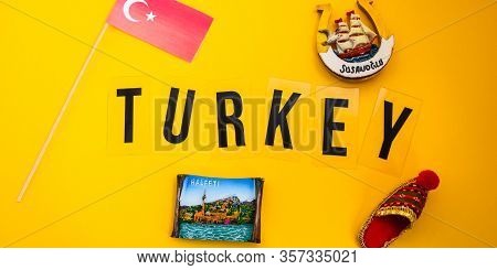 Turkey Travel Concept, Turkish Flag, Magnets From Halfeti And Sanliurfa, World Map, Passport, Boardi