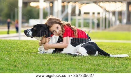 Beautiful Young Girl Is Hugging Her Pet And Stroking Its Fur. Cute Photo Of Dog And Its Owner Relaxi