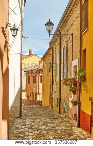 Old picturesque street in Santarcangelo di Romagna town, Emilia-Romagna, Italy. Italian cityscape