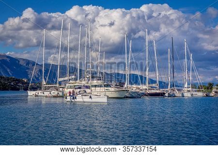 Corfu Island/greece- May 5, 2019: View Of Beautiful Gouvia Port Marina - Calm Sea, White Yachts And 
