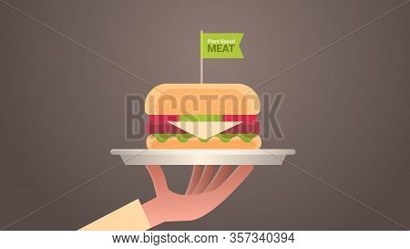 Human Hand Holding Plant Based Beyond Meat Hamburger With Vegan Flag Healthy Lifestyle Vegetarian Fo