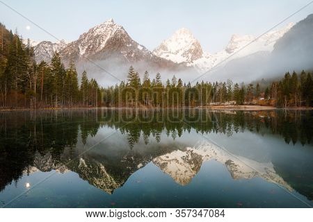 Morning Fog Over Scenery Lake At Schiederweiher In Upper Austria