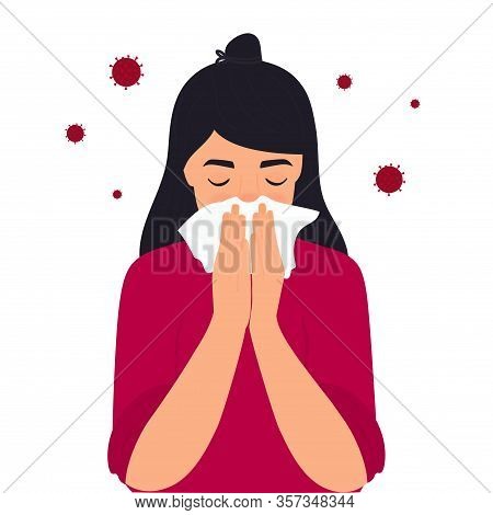 Covid-19. Coronavirus Symptoms. The Girl Is Coughing Behind A Napkin. Runny Nose