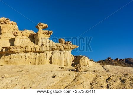 The Enchanted City Of Bolnuevo, Eroded Yellow Sandstone Formations, Murcia Spain. Tourist Attraction