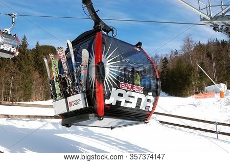 Jasna, Slovakia - January 22, 2019: New Modern Lift Cabin Approach The Station On The South Side Of 