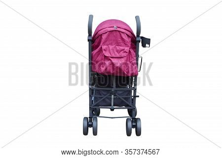 Baby Stroller In The Back, Gray With Pink Baby Stroller Isolated On White Background Rear View, New 