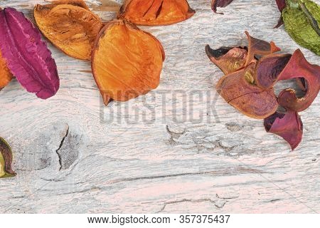 Potpourri. Close-up Of Dried Flowers, Used For Aromatherapy, White Background. Top View. Copy Space 