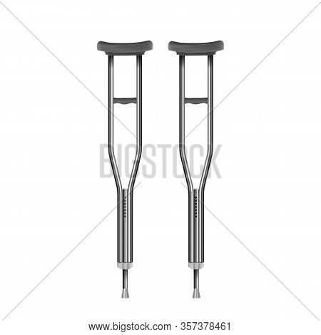 Crutches For Patient With Fractured Legs Vector. Aluminum Underarm Crutches Medical Equipment For Re