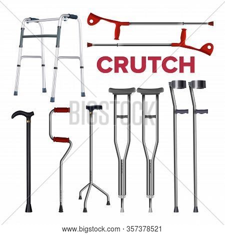 Crutches And Walking Stick Collection Set Vector. Aluminum Underarm Crutches Medical Equipment For W