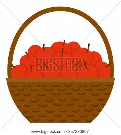 Full Wicker Basket Of Red Apples, Natural Product, Harvesting Fruit. Harvest Festival In Europe, Agr
