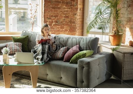 Getting Tasks. Caucasian Woman, Freelancer During The Work In Home Office While Quarantine. Young Bu
