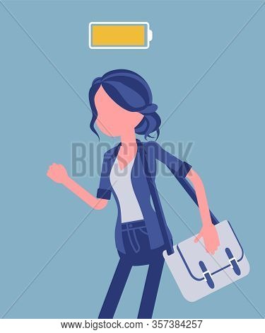 Fully Charged Active Woman, Power Battery Icon. Energetic Young Actively Working Girl In Movement En
