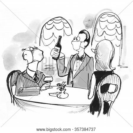 A Cartoon Depicting An Elitist, Older Man Bothered That His Face Mask Is Intefering With His Drinkin