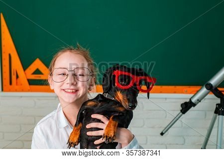 Funny Puppy In Glasses. Child Girl With Puppi. Happy Smiling Kid Go Back To School. Funny Education.