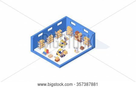 Isometric Warehouse Pallet Package Container And Forklift Factory. Delivery Goods Vector Illustratio