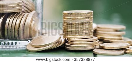 Gold Money Coins With Jar, Coronavirus Financial Stimulus, Aid Package Symbol, Help Concept. Web Ban