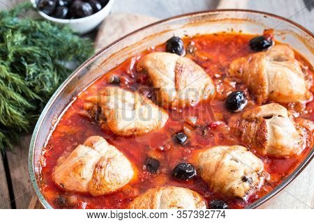 Chicken Cacciatore Braised With Wine, Olives And Tomatoes, Traditional Italian Dish.