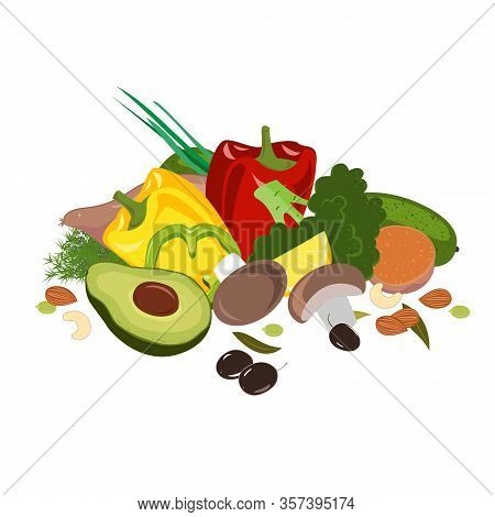 Fasting Mimicking Diet Food, Fmd Products Vector Illustration. Vegetables, Mushrooms, Olives, And Nu