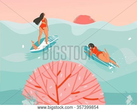 Hand Drawn Vector Stock Abstract Graphic Illustration With A Swimming Surfer Girls In Ocean Waves La