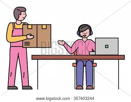 Worldwide Delivery And Shipment Of Cargo And Freight. Courier With Box Talking To Manager Tracking T