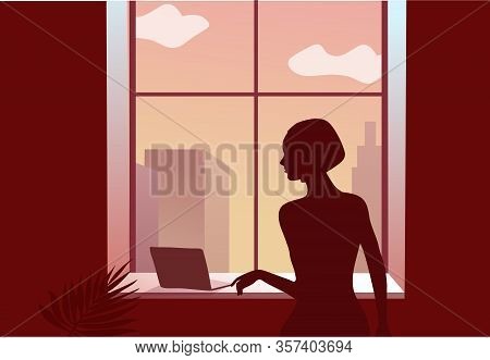2019-ncov Quarantine. Sad Woman Near The Window.