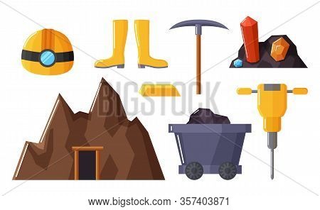 Collection Of Tools And Instruments For Mining Instruments. Isolated Icons Of Wellingtons, Pickaxe A