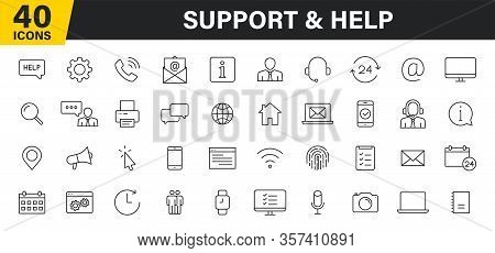 Set Of 40 Support And Help Web Icons In Line Style. Assistance, Email, Customer, 24 Hrs, Service, Co