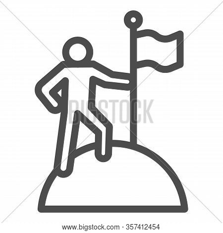 Man On Top Of Mountain With Flag Line Icon. Discoverer, Victory Person Symbol, Outline Style Pictogr